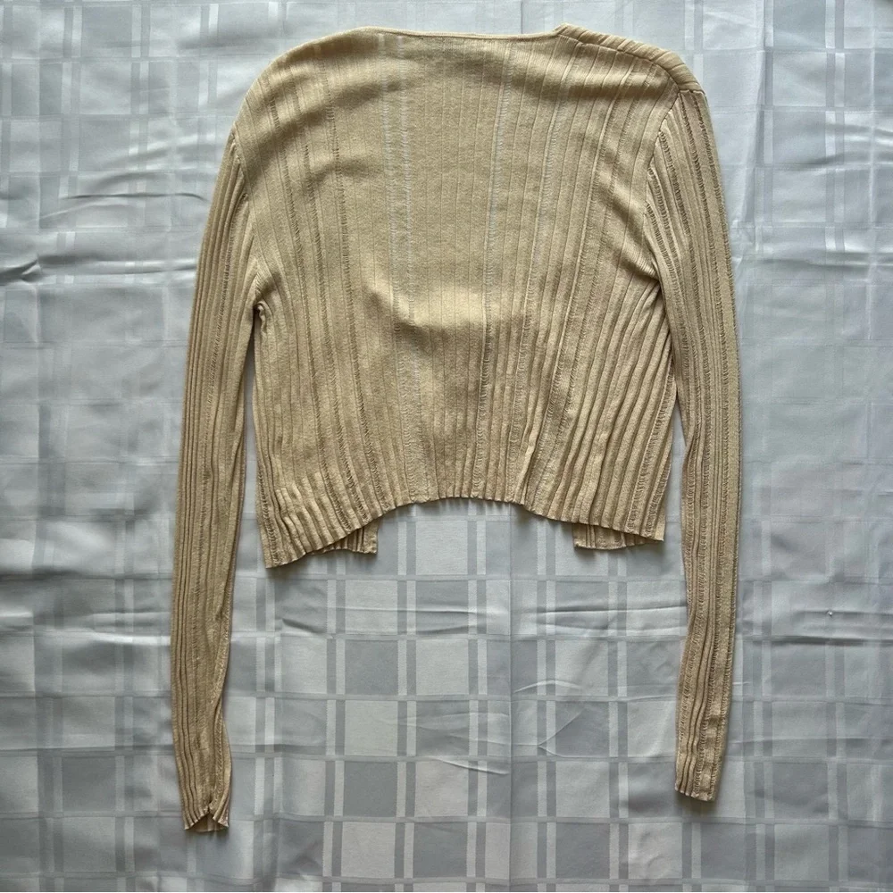 Zara Cream Stretch Loose Knit Tie Front Long Sleeve Cardigan Sweater - Picture 12 of 13